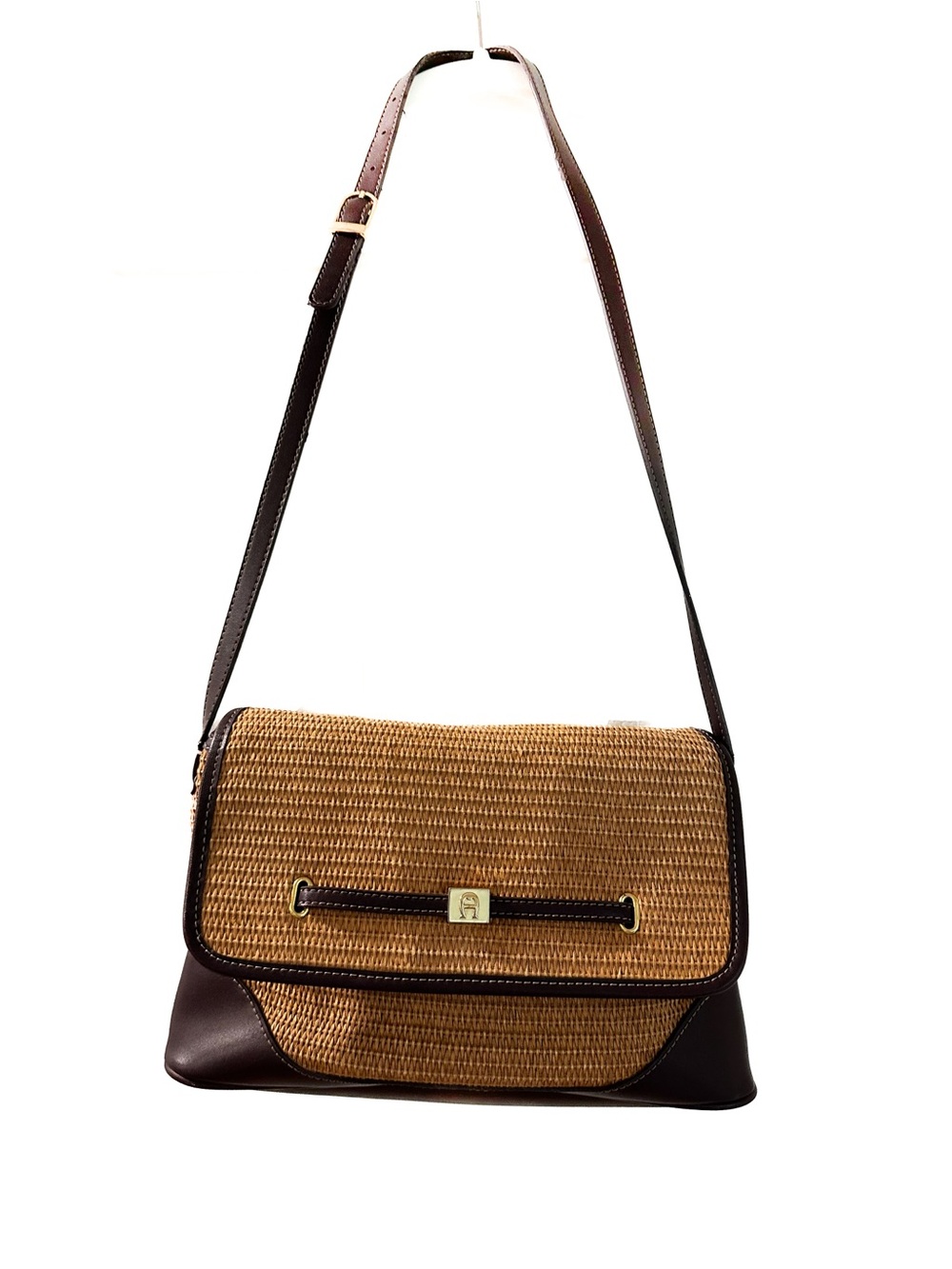 Etienne Aigner Tan Woven and Brown Leather Shoulder Bag